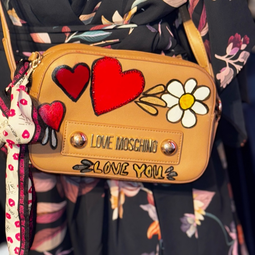 Love Moschino Brown Heart and Flower Crossbody Bag One of One Custom Painted